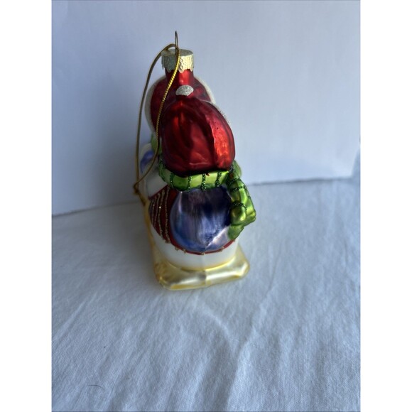 Vintage Glass Snowman Sled Ornament Hand Painted Glitter Christmas Holiday - Picture 5 of 7